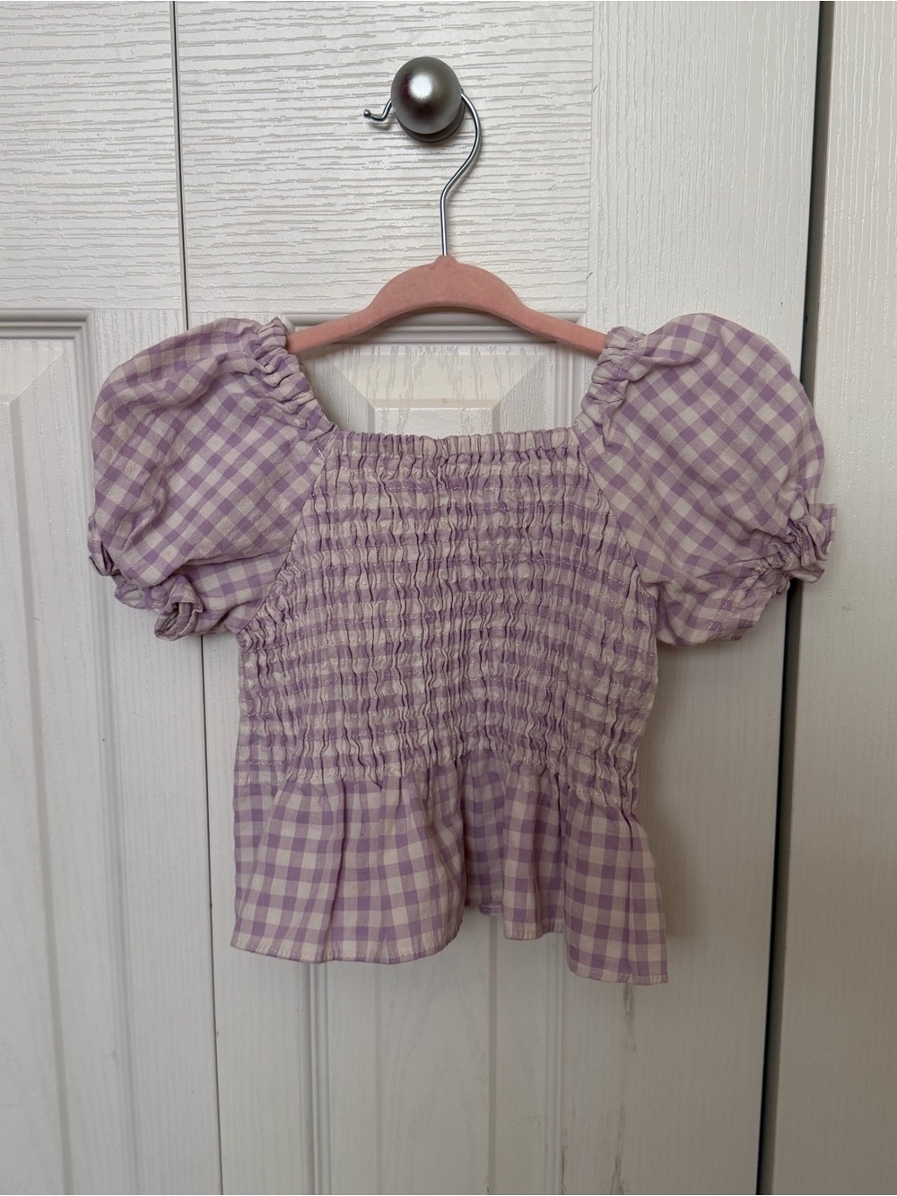 Zara Lavender Gingham Smocked Puff-Sleeve Top